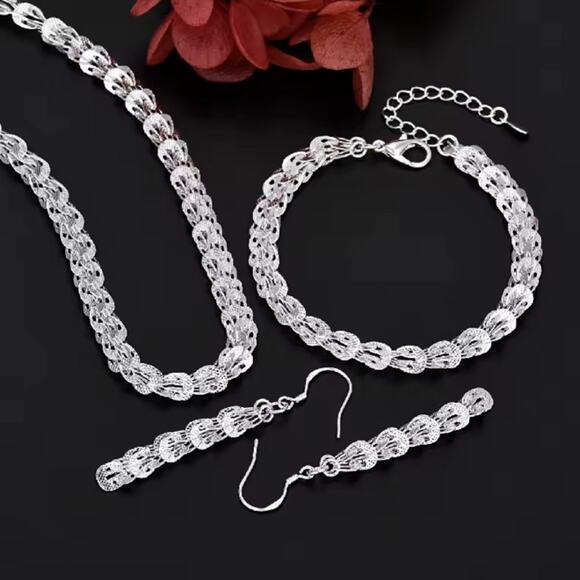 S925 Silver Teardrop Water Drop Necklace Bracelet Earrings Set BOHO Fashion Gift